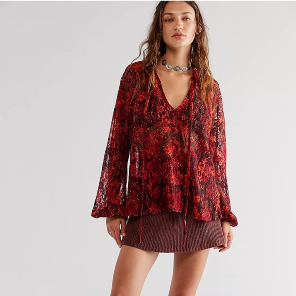 Free People Red and Black Sheer V-Neck Long Sleeve Top